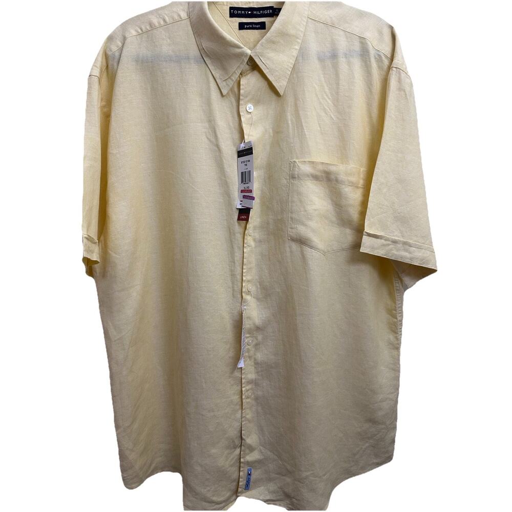 Tommy Hilfiger Mens XL Shirt Yellow 100% Pure Linen Short Sleeve Button Down